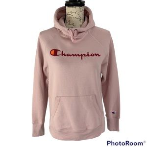 Champion Powerblend Fleece Graphic Logo Hooded Sweatshirt Pink Fuchsia XS